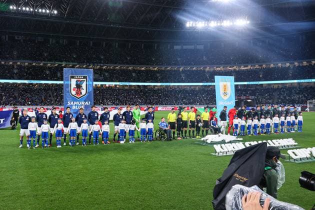 (L-R) Japan team group, Mannschaftsbild, Totale line-up (JPN), Uruguay team group (URY), MARCH 24, 2023 - Football Soccer : KIRIN Challenge Cup 2023 match between Japan - Uruguay at National Stadium, Tokyo, Japan. Noxthirdxpartyxsales (214249949)