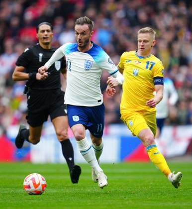Mandatory Credit: Photo by Javier Garcia Shutterstock (13840577gi) Oleksandr Zinchenko of Ukraine chases James Maddison of England England v Ukraine, UEFA European Championship, EM, Europameisterschaft 2024 Qualifying, Group C, Football, Wembley Stadium, London, UK - 26 Mar 2023 EDITORIAL USE ONLY No use with unauthorised audio, video, data, fixture lists, club league logos or live services. Online in-match use limited to 120 images, no video emulation. No use in betting, games or single club league player publications. England v Ukraine, UEFA European Championship 2024 Qualifying, Group C, Football, Wembley Stadium, London, UK - 26 Mar 2023 EDITORIAL USE ONLY No use with unauthorised audio, video, data, fixture lists, club league logos or live services. Online in-match use limited to 120 images, no video emulation. No use in betting, games or single club league player publications. Copyright: xJavierxGarcia Shutterstockx 13840577gi