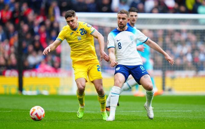 Mandatory Credit: Photo by Javier Garcia Shutterstock (13840577hi) Georgiy Sudakov of Ukraine and Jordan Henderson of England England v Ukraine, UEFA European Championship, EM, Europameisterschaft 2024 Qualifying, Group C, Football, Wembley Stadium, London, UK - 26 Mar 2023 EDITORIAL USE ONLY No use with unauthorised audio, video, data, fixture lists, club league logos or live services. Online in-match use limited to 120 images, no video emulation. No use in betting, games or single club league player publications. England v Ukraine, UEFA European Championship 2024 Qualifying, Group C, Football, Wembley Stadium, London, UK - 26 Mar 2023 EDITORIAL USE ONLY No use with unauthorised audio, video, data, fixture lists, club league logos or live services. Online in-match use limited to 120 images, no video emulation. No use in betting, games or single club league player publications. Copyright: xJavierxGarcia Shutterstockx 13840577hi