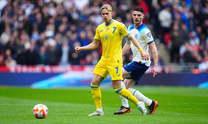 Mandatory Credit: Photo by Javier Garcia Shutterstock (13840577ho) Mykhailo Mudryk of Ukraine and Declan Rice of England England v Ukraine, UEFA European Championship, EM, Europameisterschaft 2024 Qualifying, Group C, Football, Wembley Stadium, London, UK - 26 Mar 2023 EDITORIAL USE ONLY No use with unauthorised audio, video, data, fixture lists, club league logos or live services. Online in-match use limited to 120 images, no video emulation. No use in betting, games or single club league player publications. England v Ukraine, UEFA European Championship 2024 Qualifying, Group C, Football, Wembley Stadium, London, UK - 26 Mar 2023 EDITORIAL USE ONLY No use with unauthorised audio, video, data, fixture lists, club league logos or live services. Online in-match use limited to 120 images, no video emulation. No use in betting, games or single club league player publications. Copyright: xJavierxGarcia Shutterstockx 13840577ho