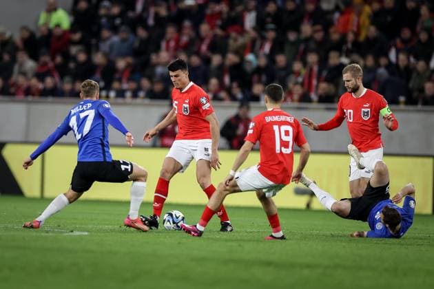SOCCER - UEFA EURO, EM, Europameisterschaft,Fussball 2024 Quali, AUT vs EST LINZ,AUSTRIA,27.MAR.23 - SOCCER - European Qualifiers 2024, OEFB international match, Länderspiel, Nationalmannschaft Austria vs Estland. Image shows Martin Miller (EST), Flavius Daniliuc and Christoph Baumgartner (AUT). GEPAxpictures xManfredxBinder