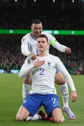 Mandatory Credit: Photo by Paul Greenwood Shutterstock (13847018s) Benjamin Pavard of France celebrates scoring his side s first goal to make the score 0-1 Republic of Ireland v France, UEFA European Championship, EM, Europameisterschaft 2024 Qualifying, Group B, Football, Aviva Stadium, Dublin, Ireland - 27 Mar 2023 EDITORIAL USE ONLY No use with unauthorised audio, video, data, fixture lists, club league logos or live services. Online in-match use limited to 120 images, no video emulation. No use in betting, games or single club league player publications. Republic of Ireland v France, UEFA European Championship 2024 Qualifying, Group B, Football, Aviva Stadium, Dublin, Ireland - 27 Mar 2023 EDITORIAL USE ONLY No use with unauthorised audio, video, data, fixture lists, club league logos or live services. Online in-match use limited to 120 images, no video emulation. No use in betting, games or single club league player publications. Copyright: xPaulxGreenwood Shutterstockx 13847018s