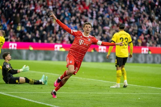 Sport Bilder des Tages Tor Goal, jubelt zum 3:0, Tor durch Thomas Mueller (FC Bayern Muenchen, 25), GER, FC Bayern Muenchen (FCB ) vs. Borussia Dortmund (BVB), Fussball, Bundesliga, 26. Spieltag, Spielzeit 2022 2023, 01.04.2023, DFB DFL regulations prohibit any use of photographs as image sequences and or quasi-video., GER, FC Bayern Muenchen (FCB ) vs. Borussia Dortmund (BVB), Fussball, Bundesliga, 26. Spieltag, Spielzeit 2022 2023, 01.04.2023 Muenchen Copyright: xEibner-Pressefoto SaschaxWaltherx EP_EER