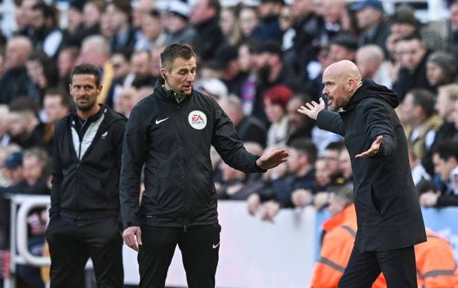 Mandatory Credit: Photo by Richard Lee Shutterstock (13852866y) Manchester United, ManU manager Erik ten Hag protests to the fourth official Michael Salisbury Newcastle United v Manchester United, Premier League, Football, St James Park, Newcastle, UK - 02 Apr 2023 EDITORIAL USE ONLY No use with unauthorised audio, video, data, fixture lists, club league logos or live services. Online in-match use limited to 120 images, no video emulation. No use in betting, games or single club league player publications. Newcastle United v Manchester United, Premier League, Football, St James Park, Newcastle, UK - 02 Apr 2023 EDITORIAL USE ONLY No use with unauthorised audio, video, data, fixture lists, club league logos or live services. Online in-match use limited to 120 images, no video emulation. No use in betting, games or single club league player publications. Copyright: xRichardxLee Shutterstockx 13852866y