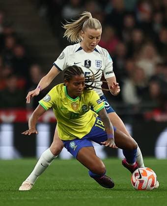 Mandatory Credit: Photo by Michael Zemanek Shutterstock (13857571p) Geyse of Brazil is fouled by Leah Williamson of England England Women v Brazil Women, Finalissima, CONMEBOL-UEFA Cup of Champions, Football, Wembley Stadium, London, UK - 06 Apr 2023 EDITORIAL USE ONLY No use with unauthorised audio, video, data, fixture lists, club league logos or live services. Online in-match use limited to 120 images, no video emulation. No use in betting, games or single club league player publications. England Women v Brazil Women, Finalissima, CONMEBOL-UEFA Cup of Champions, Football, Wembley Stadium, London, UK - 06 Apr 2023 EDITORIAL USE ONLY No use with unauthorised audio, video, data, fixture lists, club league logos or live services. Online in-match use limited to 120 images, no video emulation. No use in betting, games or single club league player publications. Copyright: xMichaelxZemanek Shutterstockx 13857571p