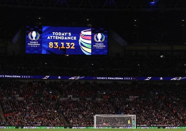 London, England, 6th April 2023. The attendance go 83,132 is shown in the screen inside the stadium during the Women s CONMEBOL UEFA Finalissima match at Wembley Stadium, London. Picture credit should read: Paul Terry Sportimage EDITORIAL USE ONLY. No use with unauthorised audio, video, data, fixture lists, club league logos or live services. Online in-match use limited to 120 images, no video emulation. No use in betting, games or single club league player publications. SPI-2352-0017