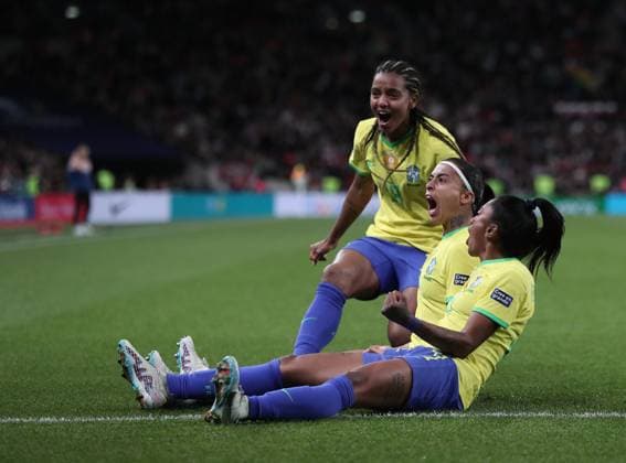 Mandatory Credit: Photo by Michael Zemanek Shutterstock (13857571ae) Andressa Alves of Brazil celebrates scoring his sides first goal England Women v Brazil Women, Finalissima, CONMEBOL-UEFA Cup of Champions, Football, Wembley Stadium, London, UK - 06 Apr 2023 EDITORIAL USE ONLY No use with unauthorised audio, video, data, fixture lists, club league logos or live services. Online in-match use limited to 120 images, no video emulation. No use in betting, games or single club league player publications. England Women v Brazil Women, Finalissima, CONMEBOL-UEFA Cup of Champions, Football, Wembley Stadium, London, UK - 06 Apr 2023 EDITORIAL USE ONLY No use with unauthorised audio, video, data, fixture lists, club league logos or live services. Online in-match use limited to 120 images, no video emulation. No use in betting, games or single club league player publications. Copyright: xMichaelxZemanek Shutterstockx 13857571ae