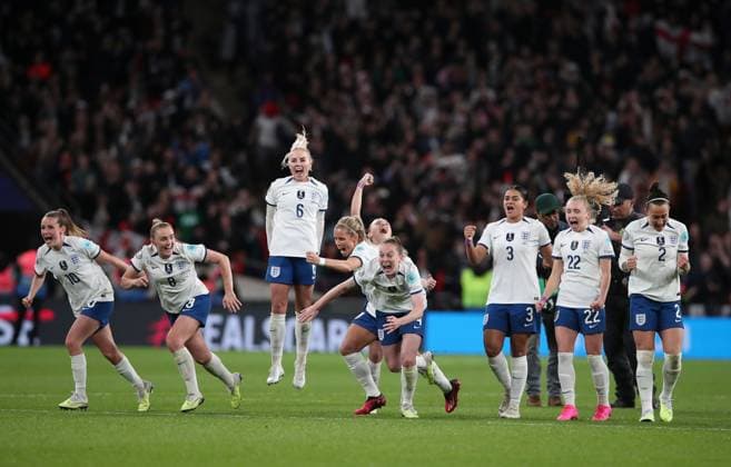 Mandatory Credit: Photo by Matt Impey Shutterstock (13861344l) England players celebrate as the winning penlaty is scored England v Brazil, Football, CONMEBOL-UEFA Women s Champions Cup, Wembley Stadium, Wembley, London, UK - 06 04 2023 Editorial use only England v Brazil, Football, CONMEBOL-UEFA Women s Champions Cup, Wembley Stadium, Wembley, London, UK - 06 04 2023 Editorial use only Copyright: xMattxImpey Shutterstockx 13861344l