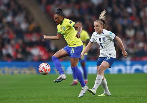 Mandatory Credit: Photo by Michael Zemanek Shutterstock (13857571br) Kerolin of Brazil and Georgia Stanway of England England Women v Brazil Women, Finalissima, CONMEBOL-UEFA Cup of Champions, Football, Wembley Stadium, London, UK - 06 Apr 2023 EDITORIAL USE ONLY No use with unauthorised audio, video, data, fixture lists, club league logos or live services. Online in-match use limited to 120 images, no video emulation. No use in betting, games or single club league player publications. England Women v Brazil Women, Finalissima, CONMEBOL-UEFA Cup of Champions, Football, Wembley Stadium, London, UK - 06 Apr 2023 EDITORIAL USE ONLY No use with unauthorised audio, video, data, fixture lists, club league logos or live services. Online in-match use limited to 120 images, no video emulation. No use in betting, games or single club league player publications. Copyright: xMichaelxZemanek Shutterstockx 13857571br