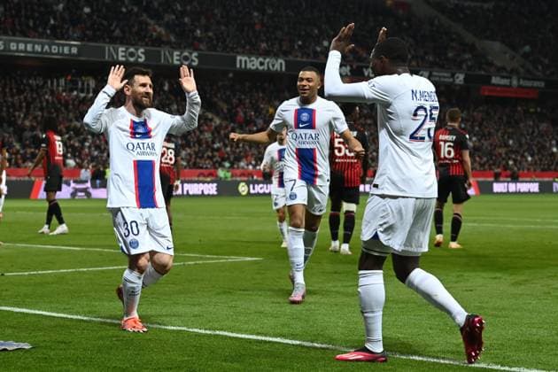 April 8, 2023, Nice, France: Nice, France, Allianz Riviera, April 08, 2023, lionel messi (psg) celebrates the 0-1 with his team mates kylian mbappe and nuno mendes during OGC Nice vs Paris Saint Germain (PSG) - French football Ligue 1 match. French football Ligue 1 match - OGC Nice vs Paris Saint Germain (PSG), Nice, France - ZUMAl164 20230408_zsa_l164_474 Copyright: xAlessioxTarpinix