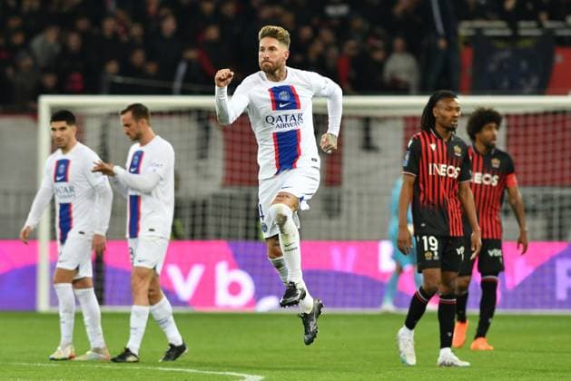 April 8, 2023, Nice, France: Nice, France, Allianz Riviera, April 08, 2023, sergio ramos (psg) celebrates the 0-2 during OGC Nice vs Paris Saint Germain (PSG) - French football Ligue 1 match. French football Ligue 1 match - OGC Nice vs Paris Saint Germain (PSG), Nice, France - ZUMAl164 20230408_zsa_l164_709 Copyright: xAlessioxTarpinix