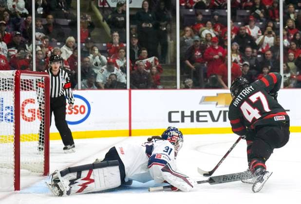 Eishockesy, WM Frauen, USA - Kanada April 10, 2023, BRAMPTON, ON, CANADA: Canada forward Jamie Lee Rattray (47) scores past USA goaltender Aerin Frankel (31) to defeat then USA in a shootout during IIHF Women s World Hockey Championship hockey action in Brampton, Ont., on Monday, April 10, 2023. Canada News - April 10, 2023 - ZUMAc35_ 20230410_zaf_c35_054 Copyright: xNathanxDenettex