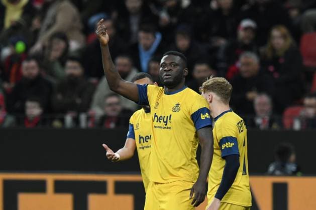 Torschuetze Victor Boniface ( Union Saint-Gilloise ) jubelt nach seinem Tor zum 1 : 0. GER, Bayer 04 Leverkusen vs Union Saint-Gilloise, Fussball, Europa League, Viertelfinale Hinspiel, Spielzeit 2022 2023, 13.04.2023 DFL REGULATIONS PROHIBIT ANY USE OF PHOTOGRAPHS AS IMAGE SEQUENCES AND OR QUASI-VIDEO GER, Bayer 04 Leverkusen vs Union Saint-Gilloise, Fussball, Europa League, Viertelfinale Hinspiel, Spielzeit 2022 2023, 13.04.2023 Leverkusen Copyright: xEibner-Pressefoto ThomasxThienelx EP_TTL
