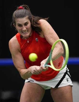 Tennis, Billie Jean King Cup, Kanada - Belgien April 14, 2023, VANCOUVER, BC, CANADA: Canada s Rebecca Marino returns to Belgium s Ysaline Bonaventure during a Billie Jean King Cup qualifiers singles match, in Vancouver, on Friday, April 14, 2023. Canada News - April 14, 2023 - ZUMAc35_ 20230414_zaf_c35_241 Copyright: xDarrylxDyckx