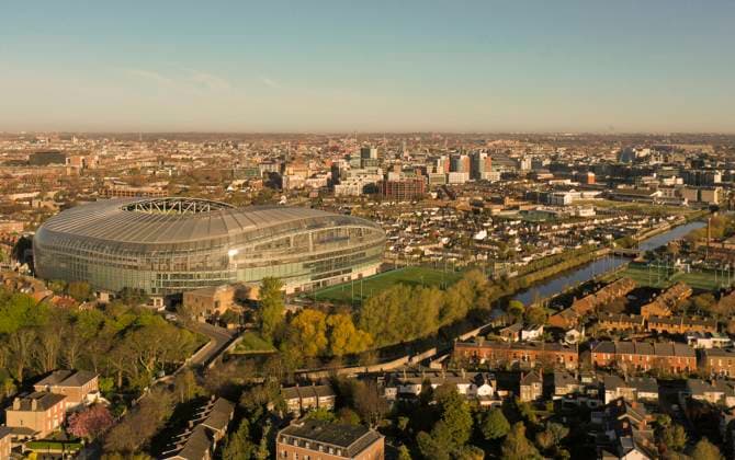 Ireland And UK Euro 2028 Top view of the Aviva Stadium on a sunny morning in Dublin. Ireland, Saturday, April 15, 2023. The UK and Ireland have submitted their final bid to jointly host Euro 2028. Matches would take place in England at Wembley, Villa Park, Everton Stadium, Tottenham Hotspur Stadium, Etihad Stadium and St James Park, in Dublin at the Aviva Stadium, in Belfast at Casement Park, in Glasgow at Hampden Park and Cardiff s Principality Stadium. Dublin Ireland Copyright: xDanilxShamkinx originalFilename:shamkin-notitle230415_npd8U.jpg