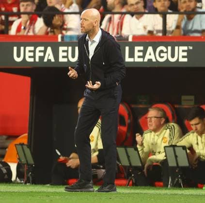 Mandatory Credit: Photo by Kieran McManus Shutterstock (13873490bj) Manchester United, ManU manager Erik ten Hag shows a look of dejection Sevilla v Manchester United, UEFA Europa League, Quarter-Final, Second Leg, Football, Ramon Sanchez-Pizjuan Stadium, Seville, Spain - 20 Apr 2023 Sevilla v Manchester United, UEFA Europa League, Quarter-Final, Second Leg, Football, Ramon Sanchez-Pizjuan Stadium, Seville, Spain - 20 Apr 2023 Copyright: xKieranxMcManus Shutterstockx 13873490bj