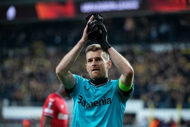 Lukas Hradecky (Bayer 04 Leverkusen, 01) freut sich, BEL, Royal Union Saint Gilloise vs. Bayer 04 Leverkusen, Fussball UEFA Europa League, Viertelfinale Rueckspiel, Spielzeit 2022 2023, 20.04.2023 BEL, Royal Union Saint Gilloise vs. Bayer 04 Leverkusen, Fussball UEFA Europa League, Viertelfinale Rueckspiel, Spielzeit 2022 2023, 20.04.2023 Anderlecht Copyright: xEibner-Pressefoto Memmlerx EP_MMR
