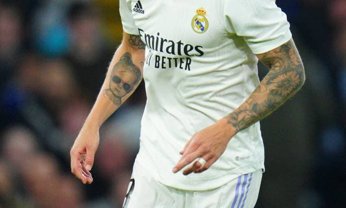 Mandatory Credit: Photo by Javier Garcia Shutterstock (13873478fk) Toni Kroos of Real Madrid tattoo detail Chelsea v Real Madrid, UEFA Champions League, Quarter-Final, Second Leg, Football, Stamford Bridge, London, UK - 18 Apr 2023 Chelsea v Real Madrid, UEFA Champions League, Quarter-Final, Second Leg, Football, Stamford Bridge, London, UK - 18 Apr 2023 Copyright: xJavierxGarcia Shutterstockx 13873478fk