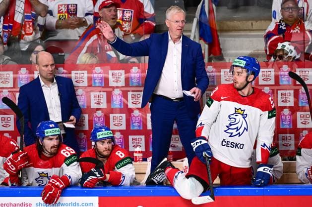 From left Czech Fredrik Norrena - video coach, Daniel Vozenilek, Ondrej Beranek, Kari Jalonen - head coach, Radim Zohorna in action during the IIHF Ice hockey, Eishockey World Championship, WM, Weltmeisterschaft Group B match Czech Republic vs Canada, in Riga, Latvia, May 23, 2023. (CTKxPhoto DavidxTanecek) CTKPhotoP2023052308748 CTKPhotoP2023052308748
