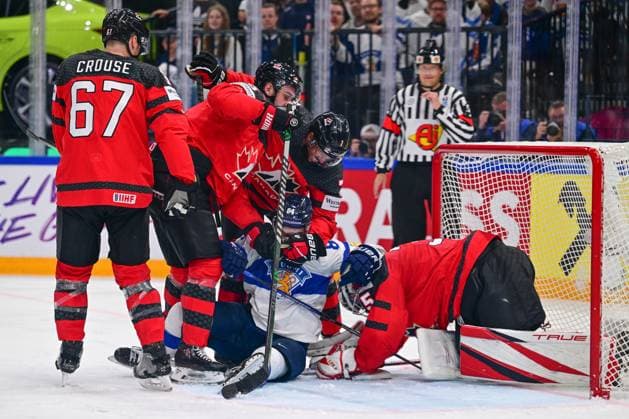 L-R Lawson Crouse (CAN), Jacob Middleton (CAN), Pierre-Olivier Joseph (CAN), Kaapo Kakko (FIN) and goalkeeper Samuel Montembeault (CAN) in action during the quarter-final match Canada vs Finland, within the IIHF Ice hockey, Eishockey World Championship, WM, Weltmeisterschaft on May 24, 2023, in Tampere, Finland. (CTKxPhoto DavidxTanecek) CTKPhotoP2023052509977 CTKPhotoP2023052509977