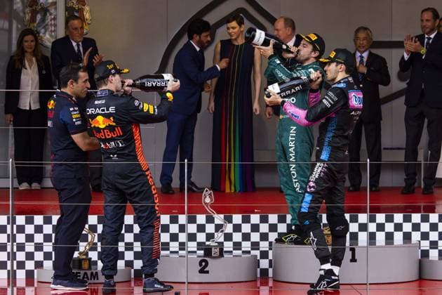 Podium, ALONSO Fernando (spa), Aston Martin F1 Team AMR23, VERSTAPPEN Max (ned), Red Bull Racing RB19, OCON Esteban (fra), Alpine F1 Team A523, portrait during the Formula 1 Grand Prix de Monaco 2023, 6th round of the 2023 Formula One World Championship, WM, Weltmeisterschaft from May 26 to 28, 2023 on the Circuit de Monaco, in Monaco - F1 - MONACO GRAND PRIX 2023 - RACE DPPI Panoramic 00123013__DE_7054