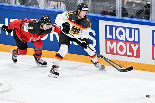 Cody Glass (8, Kanada, Canada, Team Canada ) Jonas Mueller (41, Deutscher Eishockey-Bund, Deutschland Germany, Team Germany ), Kanada vs. Deutschland, Eishockey, Eishockey WM , Finale, 28.05.2023, Kanada vs. Deutschland, Eishockey, Eishockey WM , Finale, 28.05.2023 Tampere Copyright: xEibner-Pressefotox xBirgitxHaefnerx EP_BHF