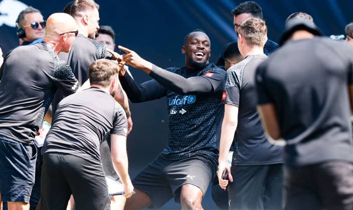 Mandatory Credit: Photo by Andrew Fosker Shutterstock (13949265cl) Former Athlete Usain Bolt Captain of World XI celebrates during a penalty shoot out Soccer Aid for Unicef 2023, Training, Football, Champneys Tring, Tring, UK - 09 Jun 2023 EDITORIAL USE ONLY No use with unauthorised audio, video, data, fixture lists, club league logos or live services. Online in-match use limited to 120 images, no video emulation. No use in betting, games or single club league player publications. Soccer Aid for Unicef 2023, Training, Football, Champneys Tring, Tring, UK - 09 Jun 2023 EDITORIAL USE ONLY No use with unauthorised audio, video, data, fixture lists, club league logos or live services. Online in-match use limited to 120 images, no video emulation. No use in betting, games or single club league player publications. Copyright: xAndrewxFosker Shutterstockx 13949265cl