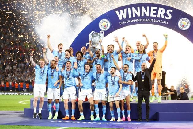 Mandatory Credit: Photo by Kieran McManus Shutterstock (13949252dy) Manchester City players celebrate winning the Champions League as they lift the trophy. Manchester City v Inter Milan, UEFA Champions League, Final, Football, Ataturk Stadium, Istanbul, Turkey - 10 Jun 2023 EDITORIAL USE ONLY No use with unauthorised audio, video, data, fixture lists, club league logos or live services. Online in-match use limited to 120 images, no video emulation. No use in betting, games or single club league player publications. Manchester City v Inter Milan, UEFA Champions League, Final, Football, Ataturk Stadium, Istanbul, Turkey - 10 Jun 2023 EDITORIAL USE ONLY No use with unauthorised audio, video, data, fixture lists, club league logos or live services. Online in-match use limited to 120 images, no video emulation. No use in betting, games or single club league player publications. Copyright: xKieranxMcManus Shutterstockx 13949252dy