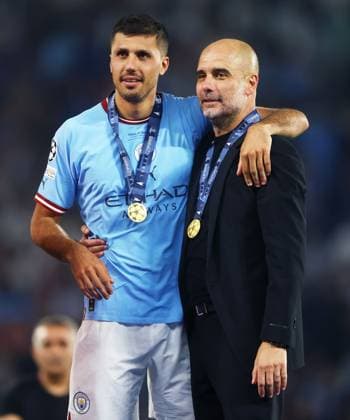 Mandatory Credit: Photo by Kieran McManus Shutterstock (13949252dz) Manchester City manager Pep Guardiola and Rodri of Manchester City. Manchester City v Inter Milan, UEFA Champions League, Final, Football, Ataturk Stadium, Istanbul, Turkey - 10 Jun 2023 EDITORIAL USE ONLY No use with unauthorised audio, video, data, fixture lists, club league logos or live services. Online in-match use limited to 120 images, no video emulation. No use in betting, games or single club league player publications. Manchester City v Inter Milan, UEFA Champions League, Final, Football, Ataturk Stadium, Istanbul, Turkey - 10 Jun 2023 EDITORIAL USE ONLY No use with unauthorised audio, video, data, fixture lists, club league logos or live services. Online in-match use limited to 120 images, no video emulation. No use in betting, games or single club league player publications. Copyright: xKieranxMcManus Shutterstockx 13949252dz