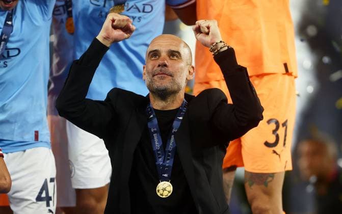 Mandatory Credit: Photo by Kieran McManus Shutterstock (13949252ex) Manchester City manager Pep Guardiola celebrates. Manchester City v Inter Milan, UEFA Champions League, Final, Football, Ataturk Stadium, Istanbul, Turkey - 10 Jun 2023 EDITORIAL USE ONLY No use with unauthorised audio, video, data, fixture lists, club league logos or live services. Online in-match use limited to 120 images, no video emulation. No use in betting, games or single club league player publications. Manchester City v Inter Milan, UEFA Champions League, Final, Football, Ataturk Stadium, Istanbul, Turkey - 10 Jun 2023 EDITORIAL USE ONLY No use with unauthorised audio, video, data, fixture lists, club league logos or live services. Online in-match use limited to 120 images, no video emulation. No use in betting, games or single club league player publications. Copyright: xKieranxMcManus Shutterstockx 13949252ex
