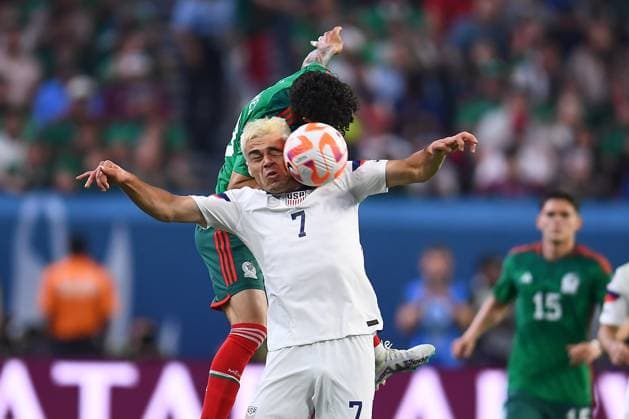 RECORD DATE NOT STATED CONCACAF NATIONS LEAGUE 2022-2023 United States vs Mexico SF (L-R), Jorge Sanchez of Mexico and Giovanni Reyna of USA during the game United States (USA) vs Mexico (Mexican national team, Nationalteam , corresponding to Semifinals of Final Four of the CONCACAF Nations League 2022-2023, at Allegiant Stadium, on June 15, 2023. <br><br> (I-D), jorge Sanchez of Mexico and Giovanni Reyna de USA durante el partido Estados Unidos (EUA) vs Mexico (Seleccion Mexicana), correspondiente a Semifinales del Final Four de la Liga de Naciones CONCACAF 2022-2023, en el Allegiant Stadium, el 15 de junio de 2023. LAS VEGAS NEVADA ESTADOS UNIDOS Copyright: xAdrianxMaciasx 20230615214217_CNL_23_SF_USA_MEX_REYNA157