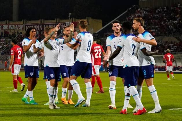 Mandatory Credit: Photo by Bagu Blanco Shutterstock (13968700ab) England players celebrating the 0-1 Malta v England, UEFA European Championship, EM, Europameisterschaft 2024 Qualifying, Group C, Football, Ta Qali Stadium, Malta - 16 June 2023 EDITORIAL USE ONLY No use with unauthorised audio, video, data, fixture lists, club league logos or live services. Online in-match use limited to 120 images, no video emulation. No use in betting, games or single club league player publications. Malta v England, UEFA European Championship 2024 Qualifying, Group C, Football, Ta Qali Stadium, Malta - 16 June 2023 EDITORIAL USE ONLY No use with unauthorised audio, video, data, fixture lists, club league logos or live services. Online in-match use limited to 120 images, no video emulation. No use in betting, games or single club league player publications. Copyright: xBaguxBlanco Shutterstockx 13968700ab