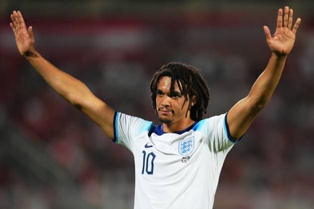 Mandatory Credit: Photo by Bagu Blanco Shutterstock (13968700ak) Trent Alexander-Arnold of England celebrates after scoring the 0-2 Malta v England, UEFA European Championship, EM, Europameisterschaft 2024 Qualifying, Group C, Football, Ta Qali Stadium, Malta - 16 June 2023 EDITORIAL USE ONLY No use with unauthorised audio, video, data, fixture lists, club league logos or live services. Online in-match use limited to 120 images, no video emulation. No use in betting, games or single club league player publications. Malta v England, UEFA European Championship 2024 Qualifying, Group C, Football, Ta Qali Stadium, Malta - 16 June 2023 EDITORIAL USE ONLY No use with unauthorised audio, video, data, fixture lists, club league logos or live services. Online in-match use limited to 120 images, no video emulation. No use in betting, games or single club league player publications. Copyright: xBaguxBlanco Shutterstockx 13968700ak