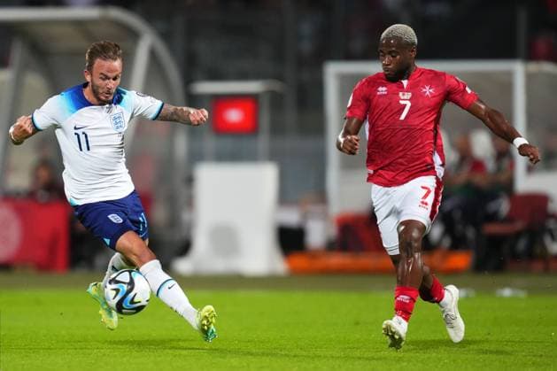 Mandatory Credit: Photo by Bagu Blanco Shutterstock (13968700aw) James Maddison of England Malta v England, UEFA European Championship, EM, Europameisterschaft 2024 Qualifying, Group C, Football, Ta Qali Stadium, Malta - 16 June 2023 EDITORIAL USE ONLY No use with unauthorised audio, video, data, fixture lists, club league logos or live services. Online in-match use limited to 120 images, no video emulation. No use in betting, games or single club league player publications. Malta v England, UEFA European Championship 2024 Qualifying, Group C, Football, Ta Qali Stadium, Malta - 16 June 2023 EDITORIAL USE ONLY No use with unauthorised audio, video, data, fixture lists, club league logos or live services. Online in-match use limited to 120 images, no video emulation. No use in betting, games or single club league player publications. Copyright: xBaguxBlanco Shutterstockx 13968700aw