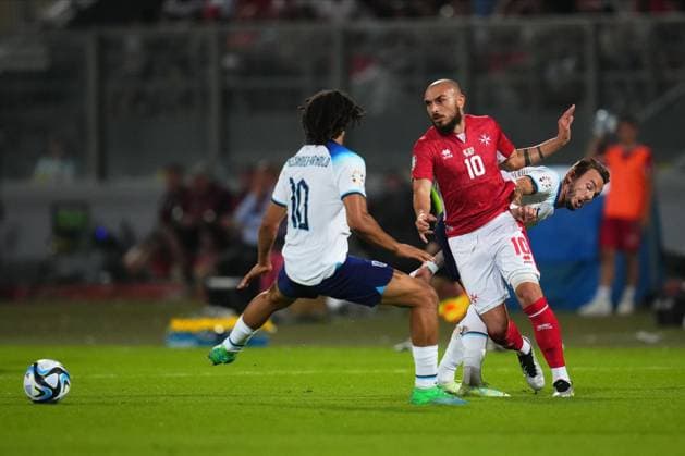 Mandatory Credit: Photo by Bagu Blanco Shutterstock (13968700az) James Maddison of England and Teddy Teuma of Malta Malta v England, UEFA European Championship, EM, Europameisterschaft 2024 Qualifying, Group C, Football, Ta Qali Stadium, Malta - 16 June 2023 EDITORIAL USE ONLY No use with unauthorised audio, video, data, fixture lists, club league logos or live services. Online in-match use limited to 120 images, no video emulation. No use in betting, games or single club league player publications. Malta v England, UEFA European Championship 2024 Qualifying, Group C, Football, Ta Qali Stadium, Malta - 16 June 2023 EDITORIAL USE ONLY No use with unauthorised audio, video, data, fixture lists, club league logos or live services. Online in-match use limited to 120 images, no video emulation. No use in betting, games or single club league player publications. Copyright: xBaguxBlanco Shutterstockx 13968700az