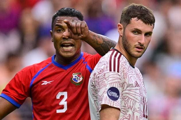 RECORD DATE NOT STATED CONCACAF NATIONS LEAGUE 2022-2023 Panama vs Mexico Third Place (L-R), Harold Cummings of Panama and Santiago Gimenez of Mexico during the game Panama vs Mexico (Mexican national team, Nationalteam , corresponding to Third Place of Final Four of the CONCACAF Nations League 2022-2023, at Allegiant Stadium, on June 18, 2023. <br><br> (I-D), Harold Cummings de Panama y Santiago Gimenez de Mexico durante el partido Panama vs Mexico (Seleccion Mexicana), correspondiente por el Tercer Lugar de la Final Four de la Liga de Naciones CONCACAF 2022-2023, en el Allegiant Stadium, el 18 de junio de 2023. LAS VEGAS NEVADA ESTADOS UNIDOS Copyright: xJorgexMartinezx 20230618183544_CNL_23_3RD_PAN_MEX_GIMENEZ343
