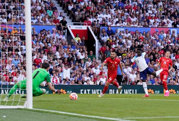 Manchester, England, 19th June 2023. Bukayo Saka of England fires in a shot during the UEFA European Championship, EM, Europameisterschaft Qualifying match at Old Trafford, Manchester. Picture credit should read: Andrew Yates Sportimage EDITORIAL USE ONLY. No use with unauthorised audio, video, data, fixture lists, club league logos or live services. Online in-match use limited to 120 images, no video emulation. No use in betting, games or single club league player publications. SPI-2485-0029