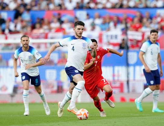 Manchester, England, 19th June 2023. Declan Rice of England during the UEFA European Championship, EM, Europameisterschaft Qualifying match at Old Trafford, Manchester. Picture credit should read: Andrew Yates Sportimage EDITORIAL USE ONLY. No use with unauthorised audio, video, data, fixture lists, club league logos or live services. Online in-match use limited to 120 images, no video emulation. No use in betting, games or single club league player publications. SPI-2485-0031