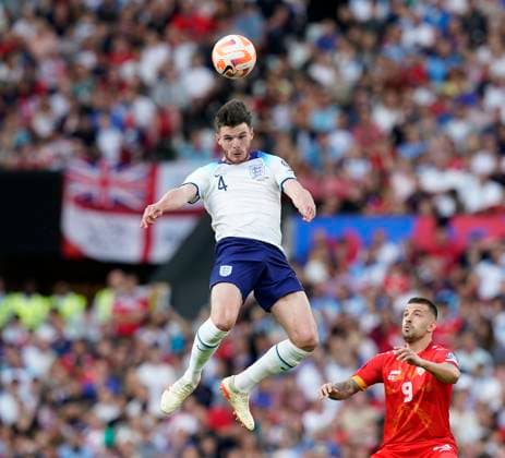 Manchester, England, 19th June 2023. Declan Rice of England during the UEFA European Championship, EM, Europameisterschaft Qualifying match at Old Trafford, Manchester. Picture credit should read: Andrew Yates Sportimage EDITORIAL USE ONLY. No use with unauthorised audio, video, data, fixture lists, club league logos or live services. Online in-match use limited to 120 images, no video emulation. No use in betting, games or single club league player publications. SPI-2485-0034