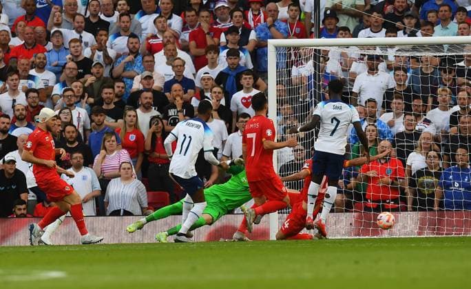 Mandatory Credit: Photo by Anna Gowthorpe Shutterstock (13975202q) Marcus Rashford of England scores his side s third goal England v North Macedonia, UEFA European Championship, EM, Europameisterschaft 2024 Qualifying, Group C, Football, Old Trafford, Manchester, UK - 19 June 2023 EDITORIAL USE ONLY No use with unauthorised audio, video, data, fixture lists, club league logos or live services. Online in-match use limited to 120 images, no video emulation. No use in betting, games or single club league player publications. England v North Macedonia, UEFA European Championship 2024 Qualifying, Group C, Football, Old Trafford, Manchester, UK - 19 June 2023 EDITORIAL USE ONLY No use with unauthorised audio, video, data, fixture lists, club league logos or live services. Online in-match use limited to 120 images, no video emulation. No use in betting, games or single club league player publications. Copyright: xAnnaxGowthorpe Shutterstockx 13975202q