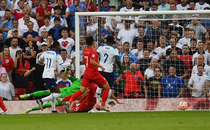 Mandatory Credit: Photo by Anna Gowthorpe Shutterstock (13975202r) Marcus Rashford of England scores his side s third goal England v North Macedonia, UEFA European Championship, EM, Europameisterschaft 2024 Qualifying, Group C, Football, Old Trafford, Manchester, UK - 19 June 2023 EDITORIAL USE ONLY No use with unauthorised audio, video, data, fixture lists, club league logos or live services. Online in-match use limited to 120 images, no video emulation. No use in betting, games or single club league player publications. England v North Macedonia, UEFA European Championship 2024 Qualifying, Group C, Football, Old Trafford, Manchester, UK - 19 June 2023 EDITORIAL USE ONLY No use with unauthorised audio, video, data, fixture lists, club league logos or live services. Online in-match use limited to 120 images, no video emulation. No use in betting, games or single club league player publications. Copyright: xAnnaxGowthorpe Shutterstockx 13975202r
