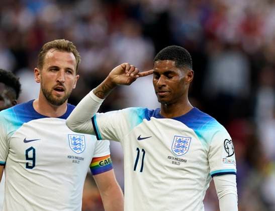 Sport Bilder des Tages Manchester, England, 19th June 2023. Marcus Rashford of England celebrates scoring his sides third goal during the UEFA European Championship, EM, Europameisterschaft Qualifying match at Old Trafford, Manchester. Picture credit should read: Andrew Yates Sportimage EDITORIAL USE ONLY. No use with unauthorised audio, video, data, fixture lists, club league logos or live services. Online in-match use limited to 120 images, no video emulation. No use in betting, games or single club league player publications. SPI-2485-0067