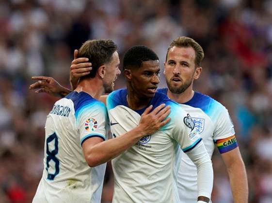 Manchester, England, 19th June 2023. Marcus Rashford of England celebrates scoring his sides third goal during the UEFA European Championship, EM, Europameisterschaft Qualifying match at Old Trafford, Manchester. Picture credit should read: Andrew Yates Sportimage EDITORIAL USE ONLY. No use with unauthorised audio, video, data, fixture lists, club league logos or live services. Online in-match use limited to 120 images, no video emulation. No use in betting, games or single club league player publications. SPI-2485-0071