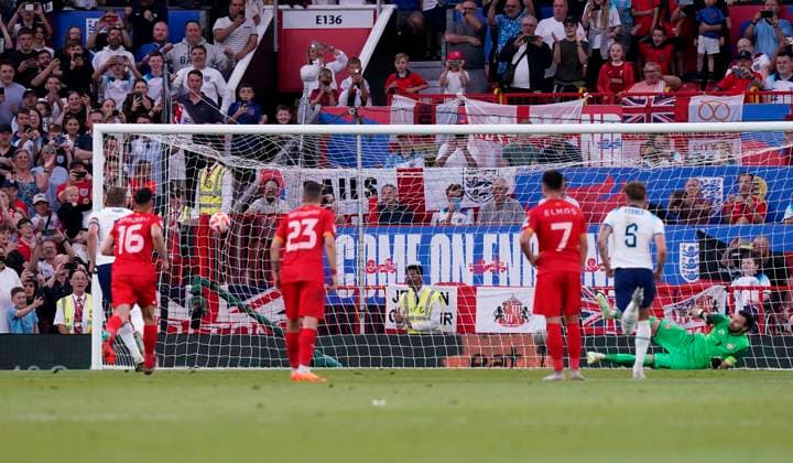 Manchester, England, 19th June 2023. Harry Kane of England scoring his sides seventh goal during the UEFA European Championship, EM, Europameisterschaft Qualifying match at Old Trafford, Manchester. Picture credit should read: Andrew Yates Sportimage EDITORIAL USE ONLY. No use with unauthorised audio, video, data, fixture lists, club league logos or live services. Online in-match use limited to 120 images, no video emulation. No use in betting, games or single club league player publications. SPI-2485-0094