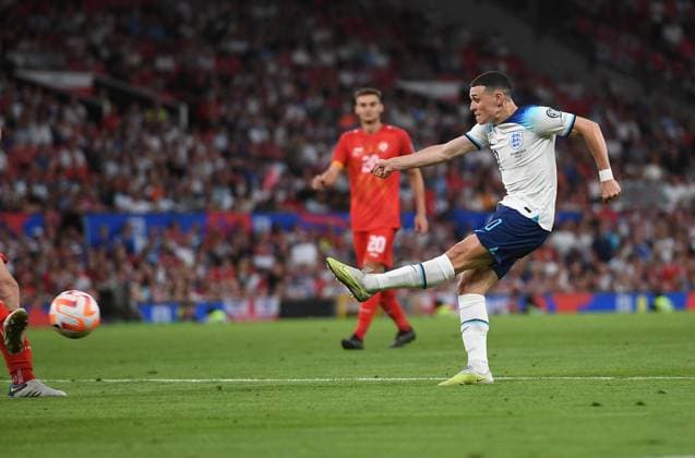 Mandatory Credit: Photo by Anna Gowthorpe Shutterstock (13975202ag) Phil Foden of England has a shot England v North Macedonia, UEFA European Championship, EM, Europameisterschaft 2024 Qualifying, Group C, Football, Old Trafford, Manchester, UK - 19 June 2023 EDITORIAL USE ONLY No use with unauthorised audio, video, data, fixture lists, club league logos or live services. Online in-match use limited to 120 images, no video emulation. No use in betting, games or single club league player publications. England v North Macedonia, UEFA European Championship 2024 Qualifying, Group C, Football, Old Trafford, Manchester, UK - 19 June 2023 EDITORIAL USE ONLY No use with unauthorised audio, video, data, fixture lists, club league logos or live services. Online in-match use limited to 120 images, no video emulation. No use in betting, games or single club league player publications. Copyright: xAnnaxGowthorpe Shutterstockx 13975202ag