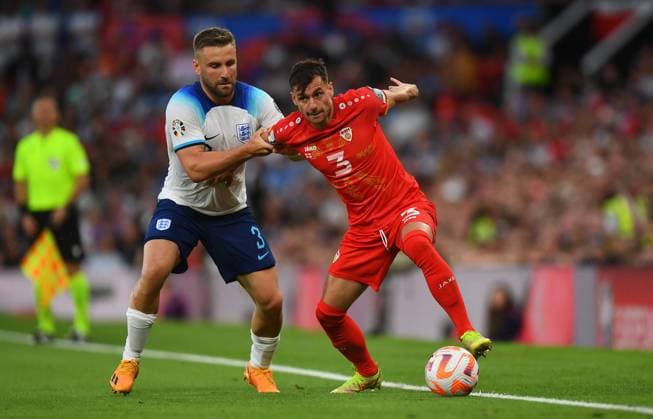 Mandatory Credit: Photo by Anna Gowthorpe Shutterstock (13975202al) Luke Shaw of England and Stefan Ashkovski of North Macedonia England v North Macedonia, UEFA European Championship, EM, Europameisterschaft 2024 Qualifying, Group C, Football, Old Trafford, Manchester, UK - 19 June 2023 EDITORIAL USE ONLY No use with unauthorised audio, video, data, fixture lists, club league logos or live services. Online in-match use limited to 120 images, no video emulation. No use in betting, games or single club league player publications. England v North Macedonia, UEFA European Championship 2024 Qualifying, Group C, Football, Old Trafford, Manchester, UK - 19 June 2023 EDITORIAL USE ONLY No use with unauthorised audio, video, data, fixture lists, club league logos or live services. Online in-match use limited to 120 images, no video emulation. No use in betting, games or single club league player publications. Copyright: xAnnaxGowthorpe Shutterstockx 13975202al
