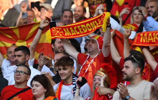 Mandatory Credit: Photo by Anna Gowthorpe Shutterstock (13975202bi) North Macedonia fans England v North Macedonia, UEFA European Championship, EM, Europameisterschaft 2024 Qualifying, Group C, Football, Old Trafford, Manchester, UK - 19 June 2023 EDITORIAL USE ONLY No use with unauthorised audio, video, data, fixture lists, club league logos or live services. Online in-match use limited to 120 images, no video emulation. No use in betting, games or single club league player publications. England v North Macedonia, UEFA European Championship 2024 Qualifying, Group C, Football, Old Trafford, Manchester, UK - 19 June 2023 EDITORIAL USE ONLY No use with unauthorised audio, video, data, fixture lists, club league logos or live services. Online in-match use limited to 120 images, no video emulation. No use in betting, games or single club league player publications. Copyright: xAnnaxGowthorpe Shutterstockx 13975202bi