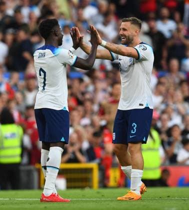 Mandatory Credit: Photo by Anna Gowthorpe Shutterstock (13975202bw) Bukayo Saka of England celebrates with Luke Shaw after scoring his side s fourth goal England v North Macedonia, UEFA European Championship, EM, Europameisterschaft 2024 Qualifying, Group C, Football, Old Trafford, Manchester, UK - 19 June 2023 EDITORIAL USE ONLY No use with unauthorised audio, video, data, fixture lists, club league logos or live services. Online in-match use limited to 120 images, no video emulation. No use in betting, games or single club league player publications. England v North Macedonia, UEFA European Championship 2024 Qualifying, Group C, Football, Old Trafford, Manchester, UK - 19 June 2023 EDITORIAL USE ONLY No use with unauthorised audio, video, data, fixture lists, club league logos or live services. Online in-match use limited to 120 images, no video emulation. No use in betting, games or single club league player publications. Copyright: xAnnaxGowthorpe Shutterstockx 13975202bw