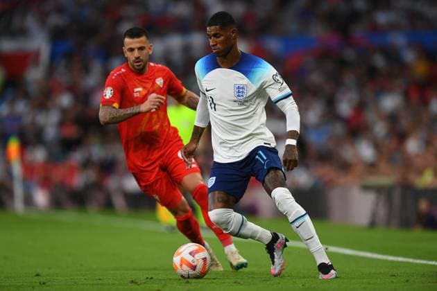 Mandatory Credit: Photo by Anna Gowthorpe Shutterstock (13975202cd) Marcus Rashford of England England v North Macedonia, UEFA European Championship, EM, Europameisterschaft 2024 Qualifying, Group C, Football, Old Trafford, Manchester, UK - 19 June 2023 EDITORIAL USE ONLY No use with unauthorised audio, video, data, fixture lists, club league logos or live services. Online in-match use limited to 120 images, no video emulation. No use in betting, games or single club league player publications. England v North Macedonia, UEFA European Championship 2024 Qualifying, Group C, Football, Old Trafford, Manchester, UK - 19 June 2023 EDITORIAL USE ONLY No use with unauthorised audio, video, data, fixture lists, club league logos or live services. Online in-match use limited to 120 images, no video emulation. No use in betting, games or single club league player publications. Copyright: xAnnaxGowthorpe Shutterstockx 13975202cd