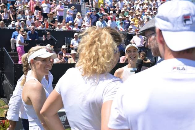25.06.2023, xbrx, Tennis Bad Homburg Open WTA, Tennis Damen 250, emspor, v.l. Abschiedsspiel Petkovic, Andrea (GER),Kerber, Angelique (GER), Friedsam, Anna-Lena (GER), Petkovic, Andrea (GER), Interview, wird interviewed Bad Homburg